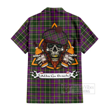 Tartan Vibes Clothing Taylor (Tailylour) Tartan Short Sleeve Button Shirt with Family Crest and Bearded Skull Holding Bottles of Whiskey