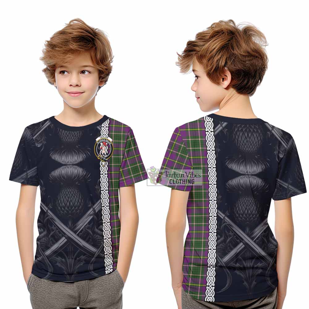 Tartan Vibes Clothing Taylor (Tailylour) Tartan Kid T-Shirt with Family Crest Cross Sword Thistle Celtic Vibes