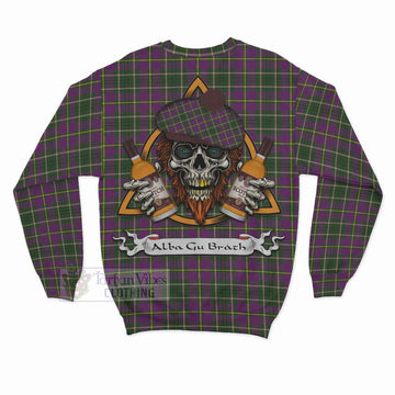 Taylor (Tailyour) Tartan Sweatshirt with Family Crest and Bearded Skull Holding Bottles of Whiskey