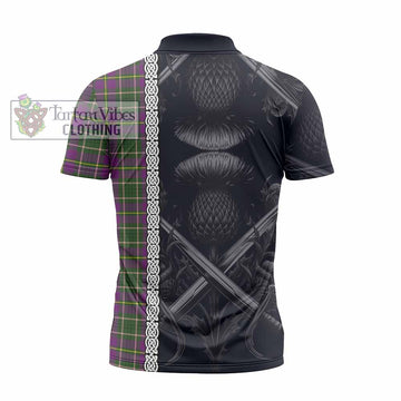 Taylor (Tailyour) Tartan Zipper Polo Shirt with Family Crest Cross Sword Thistle Celtic Vibes