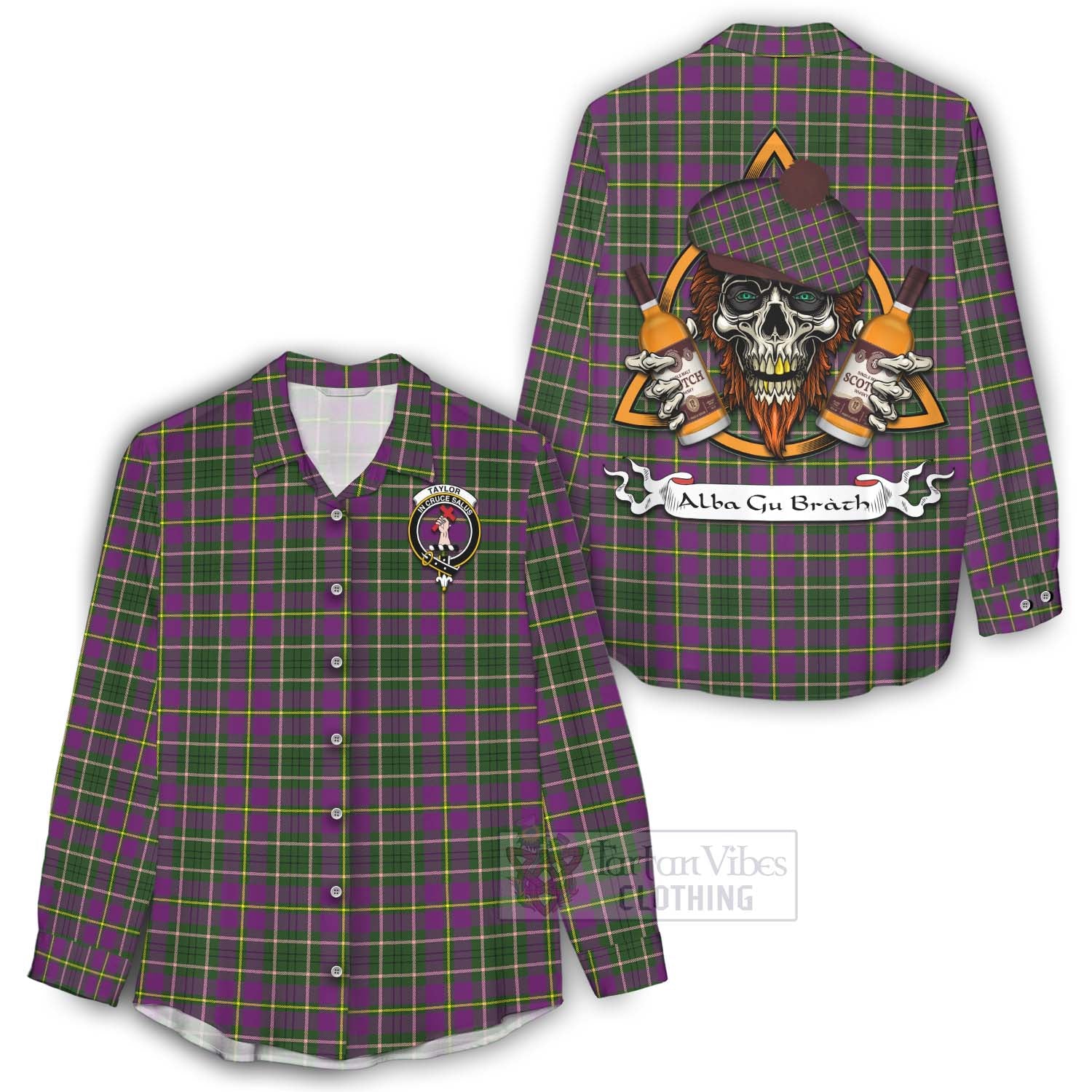 Tartan Vibes Clothing Taylor (Tailylour) Tartan Women's Casual Shirt with Family Crest and Bearded Skull Holding Bottles of Whiskey