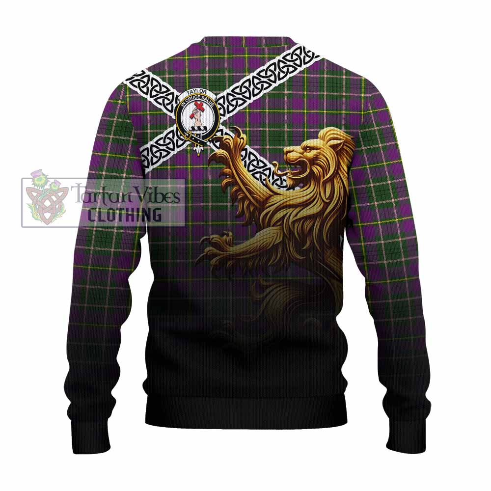Tartan Vibes Clothing Taylor (Tailylour) Crest Tartan Knitted Sweater with Golden Lion Emblem Celtic Style