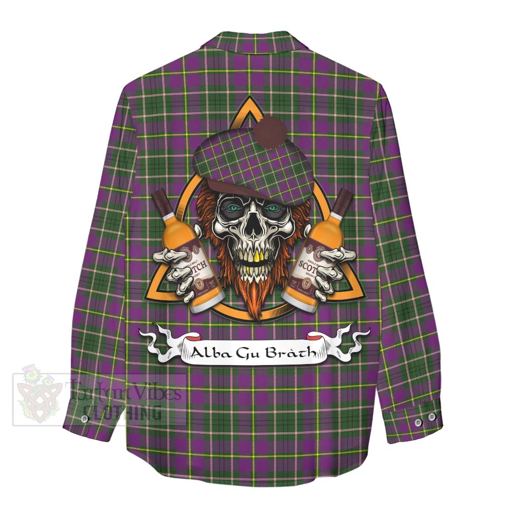 Tartan Vibes Clothing Taylor (Tailylour) Tartan Women's Casual Shirt with Family Crest and Bearded Skull Holding Bottles of Whiskey