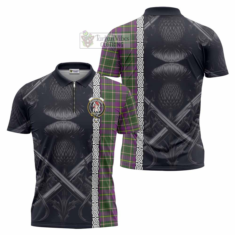 Tartan Vibes Clothing Taylor (Tailylour) Tartan Zipper Polo Shirt with Family Crest Cross Sword Thistle Celtic Vibes
