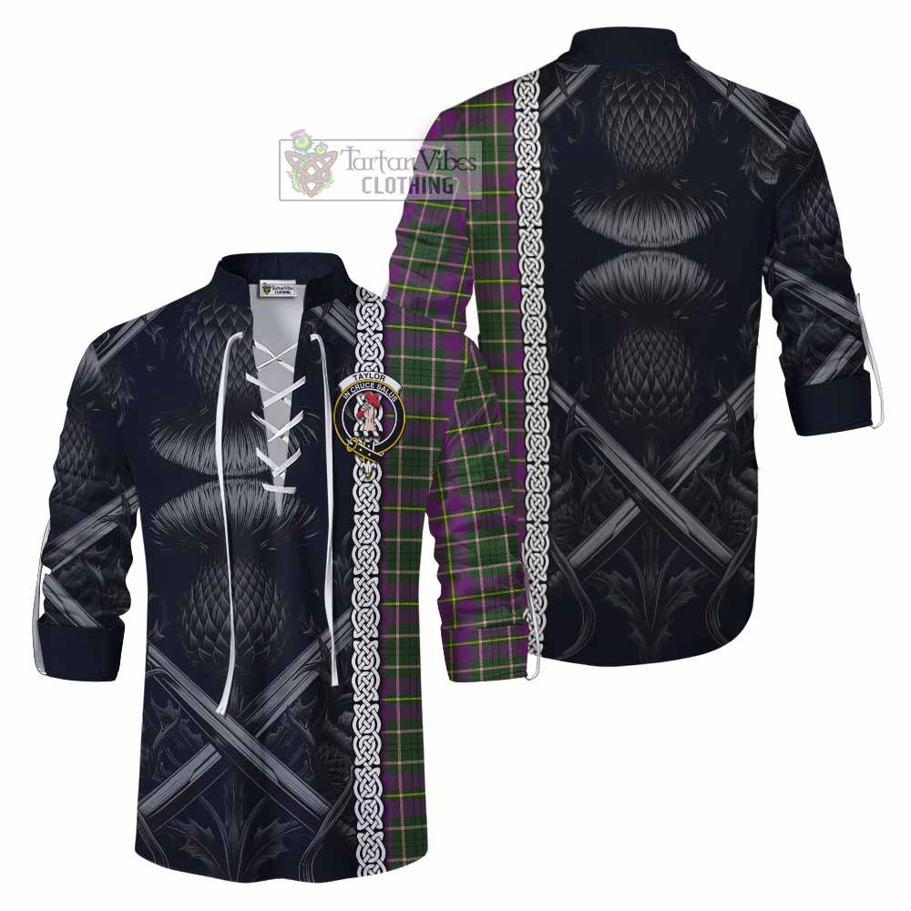 Tartan Vibes Clothing Taylor (Tailylour) Tartan Ghillie Kilt Shirt with Family Crest Cross Sword Thistle Celtic Vibes
