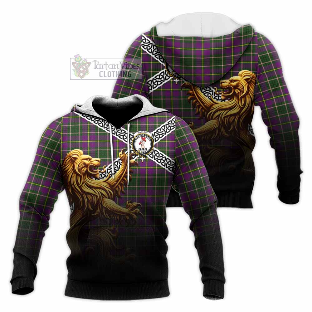 Tartan Vibes Clothing Taylor (Tailylour) Crest Tartan Knitted Hoodie with Golden Lion Emblem Celtic Style