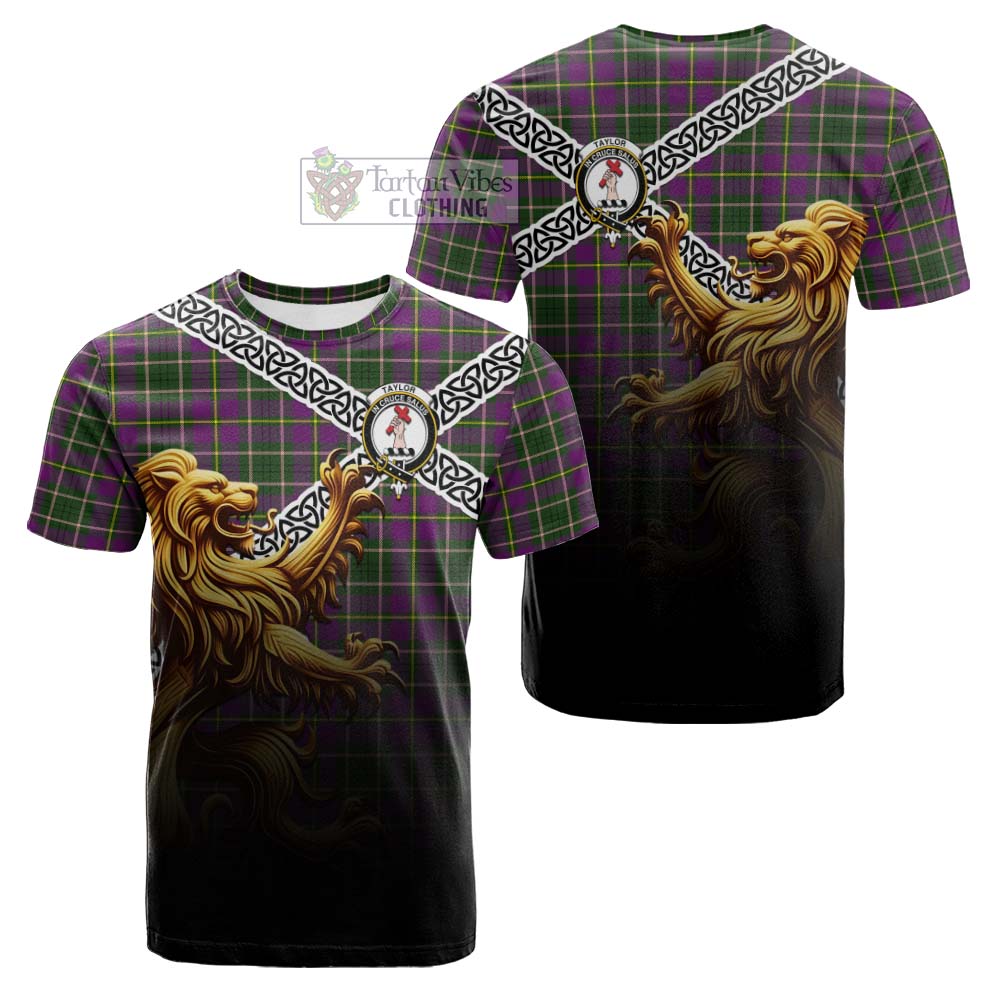 Tartan Vibes Clothing Taylor (Tailylour) Crest Tartan Cotton T-shirt with Golden Lion Emblem Celtic Style