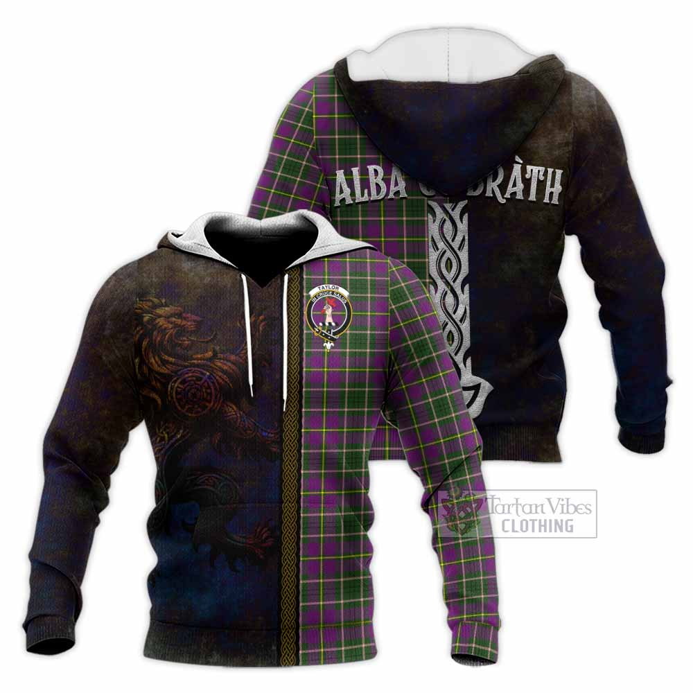 Tartan Vibes Clothing Taylor (Tailylour) Tartan Family Crest Knitted Hoodie Alba Gu Brath Be Brave Lion Ancient Style