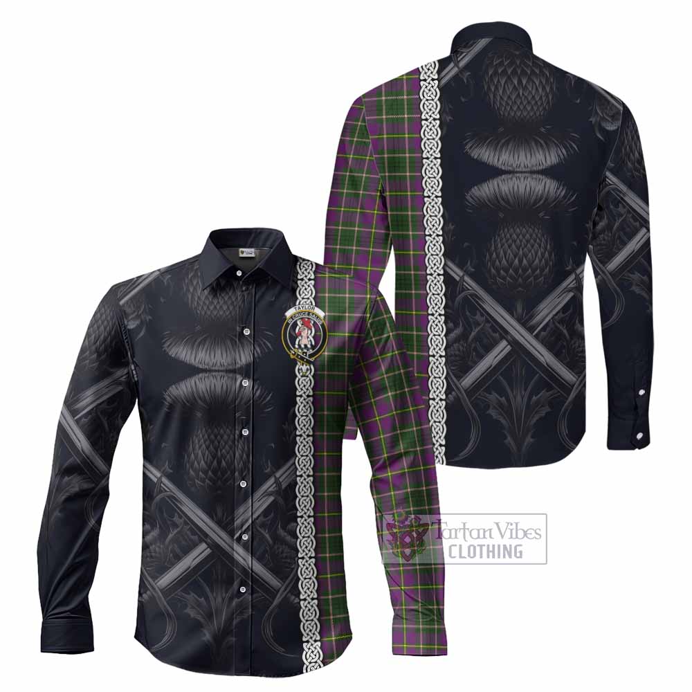 Tartan Vibes Clothing Taylor (Tailylour) Tartan Long Sleeve Button Shirt with Family Crest Cross Sword Thistle Celtic Vibes