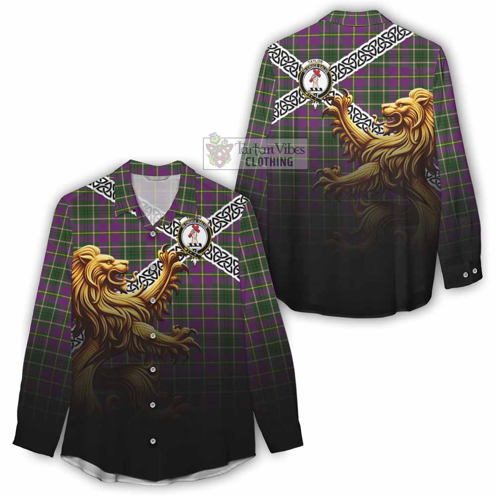 Tartan Vibes Clothing Taylor (Tailylour) Crest Tartan Women's Casual Shirt with Golden Lion Emblem Celtic Style