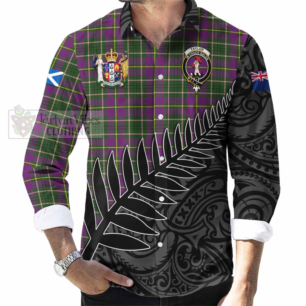 Tartan Vibes Clothing Taylor (Tailylour) Crest Tartan Long Sleeve Button Shirt with New Zealand Silver Fern Half Style