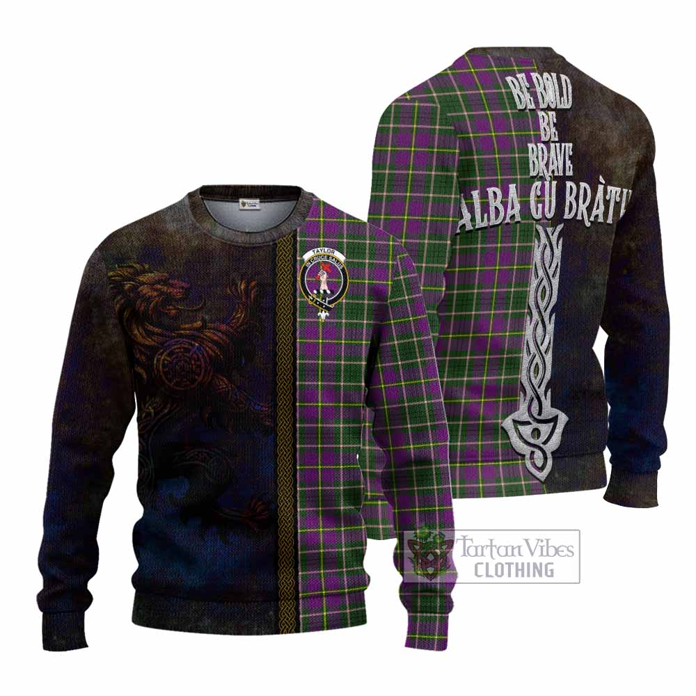 Tartan Vibes Clothing Taylor (Tailylour) Tartan Family Crest Knitted Sweater Alba Gu Brath Be Brave Lion Ancient Style