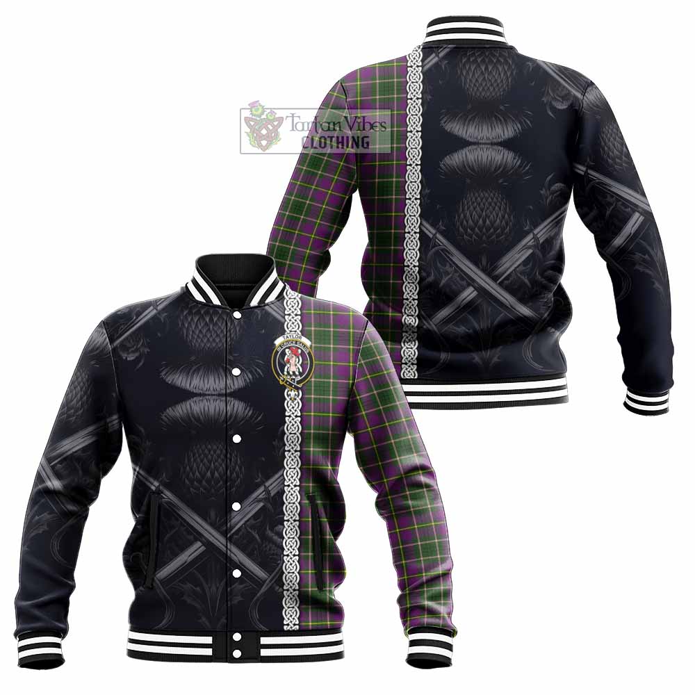 Tartan Vibes Clothing Taylor (Tailylour) Tartan Baseball Jacket with Family Crest Cross Sword Thistle Celtic Vibes