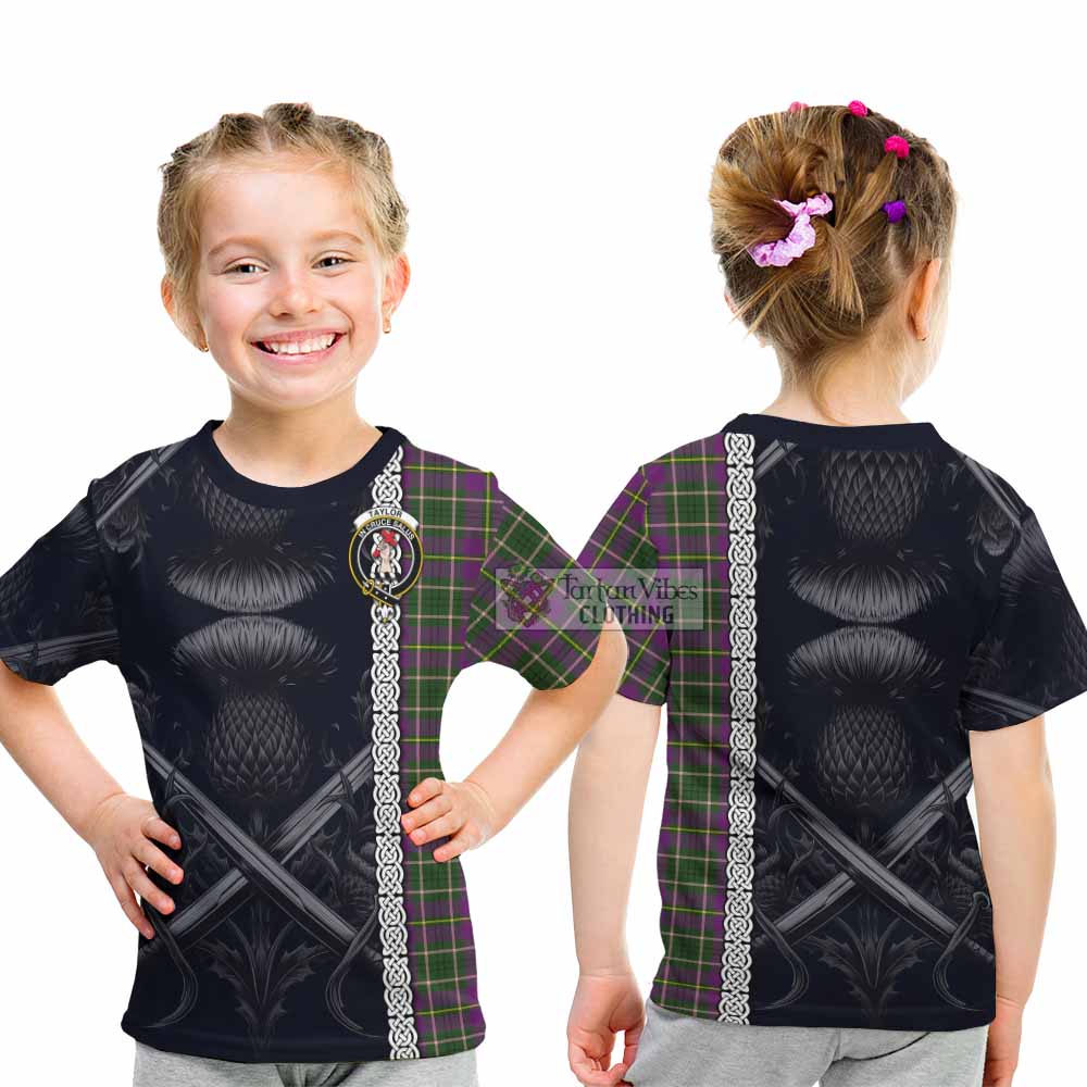 Tartan Vibes Clothing Taylor (Tailylour) Tartan Kid T-Shirt with Family Crest Cross Sword Thistle Celtic Vibes