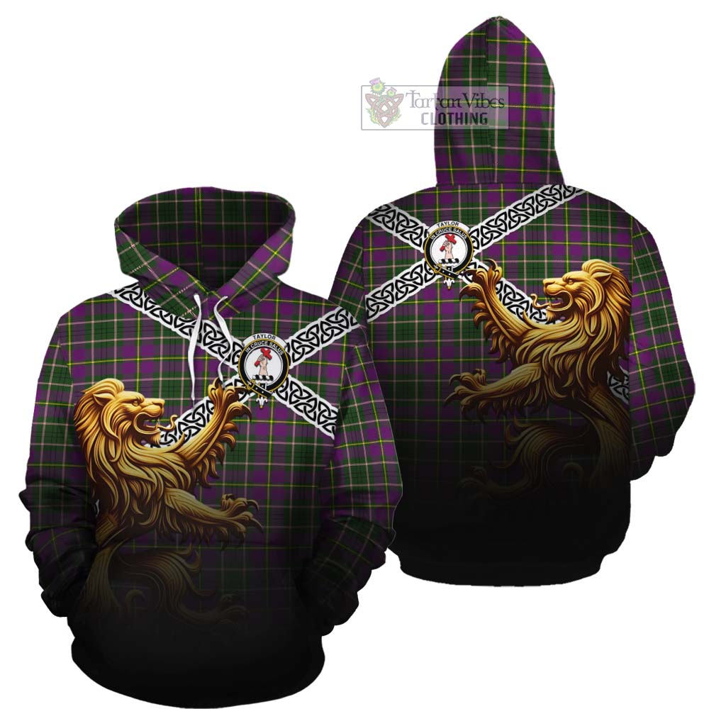 Tartan Vibes Clothing Taylor (Tailylour) Crest Tartan Cotton Hoodie with Golden Lion Emblem Celtic Style