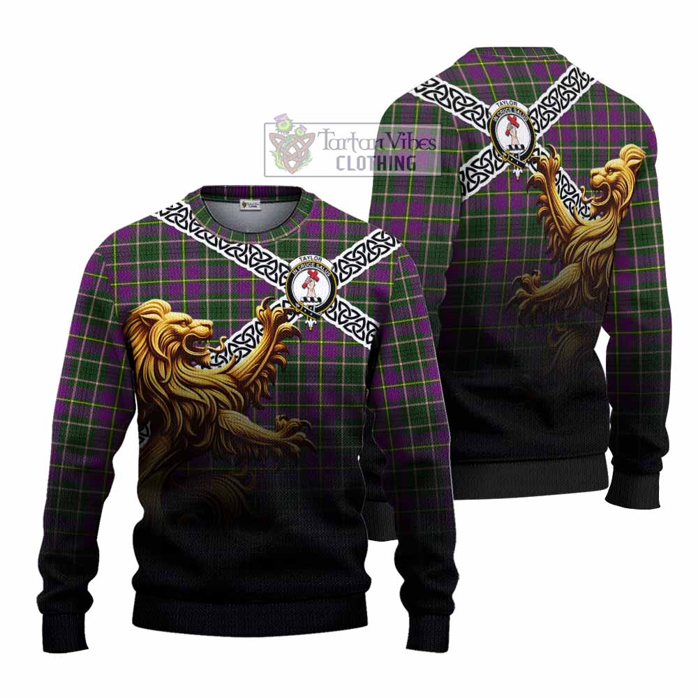 Tartan Vibes Clothing Taylor (Tailylour) Crest Tartan Knitted Sweater with Golden Lion Emblem Celtic Style