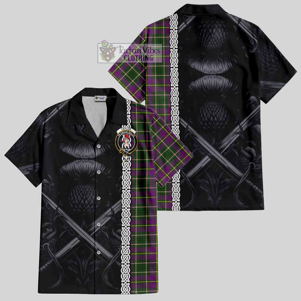 Tartan Vibes Clothing Taylor (Tailylour) Tartan Short Sleeve Button Shirt with Family Crest Cross Sword Thistle Celtic Vibes