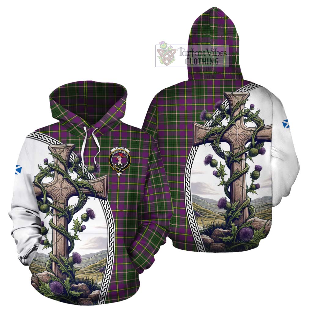 Tartan Vibes Clothing Taylor (Tailylour) Tartan Cotton Hoodie with Family Crest and St. Andrew's Cross Accented by Thistle Vines