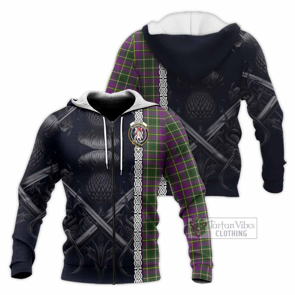 Tartan Vibes Clothing Taylor (Tailylour) Tartan Knitted Hoodie with Family Crest Cross Sword Thistle Celtic Vibes