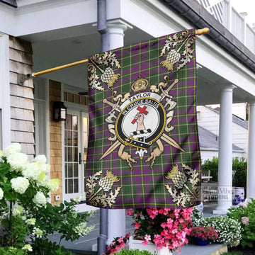 Tartan Vibes Clothing Taylor (Tailylour) Tartan Flag with Family Crest and Golden Thistle Crossed Sword Design