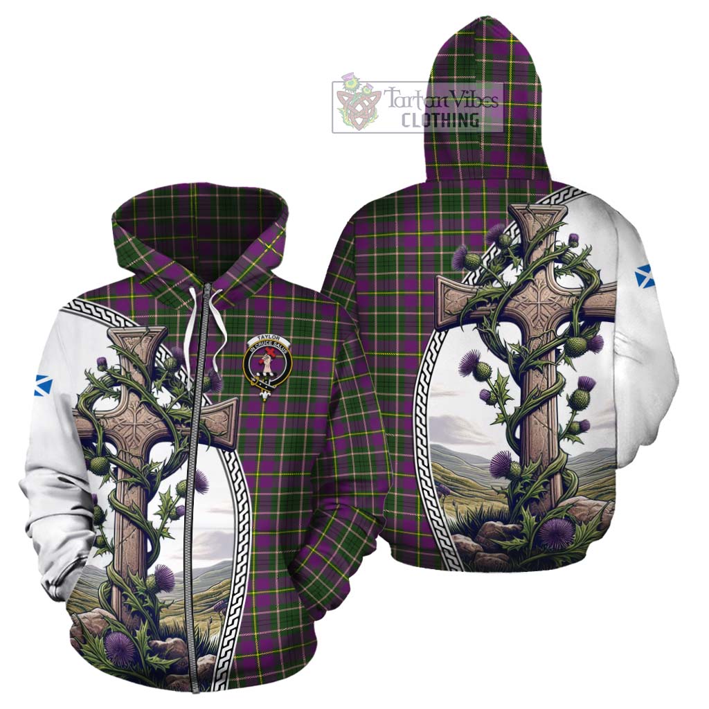 Tartan Vibes Clothing Taylor (Tailylour) Tartan Cotton Hoodie with Family Crest and St. Andrew's Cross Accented by Thistle Vines