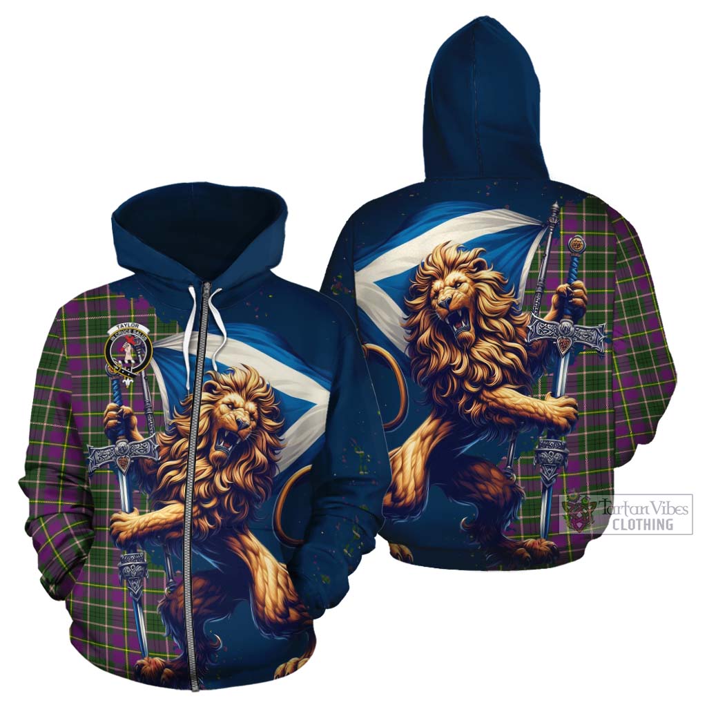 Tartan Vibes Clothing Taylor (Tailylour) Tartan Family Crest Cotton Hoodie with Scottish Majestic Lion