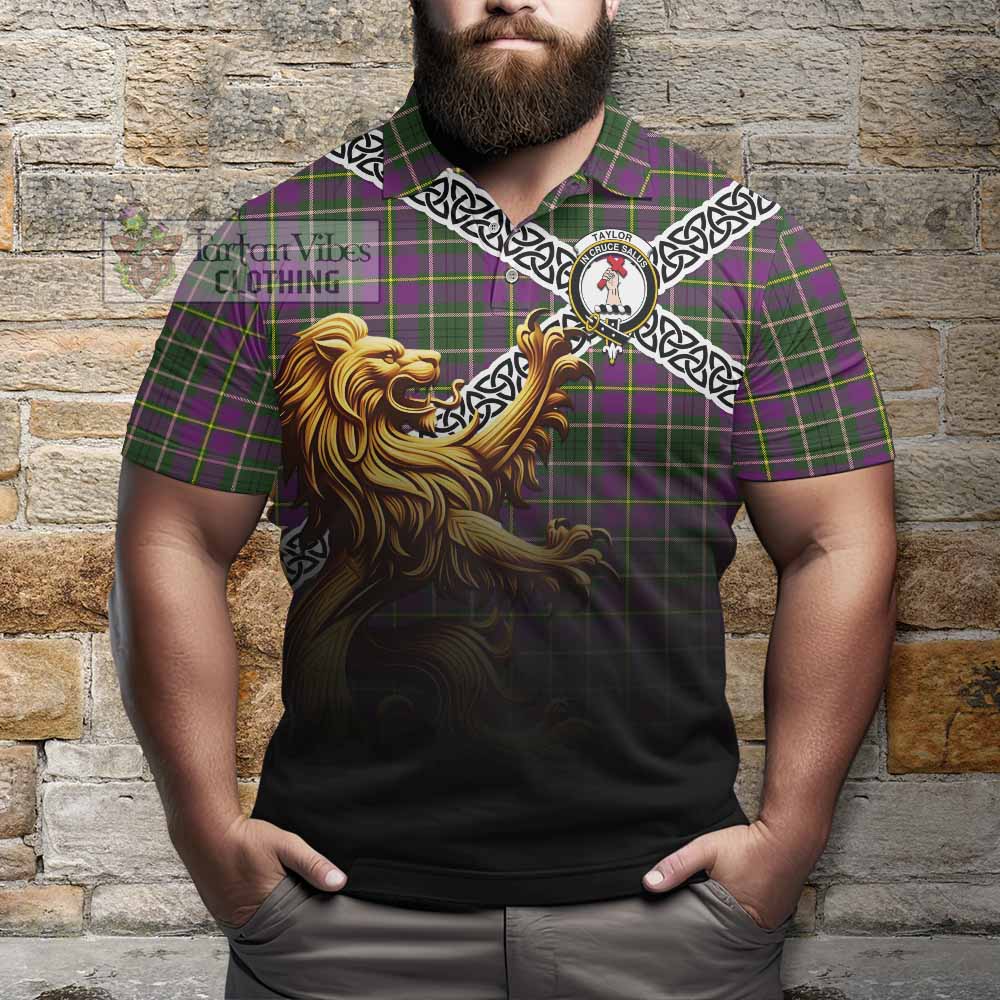 Tartan Vibes Clothing Taylor (Tailylour) Crest Tartan Polo Shirt with Golden Lion Emblem Celtic Style