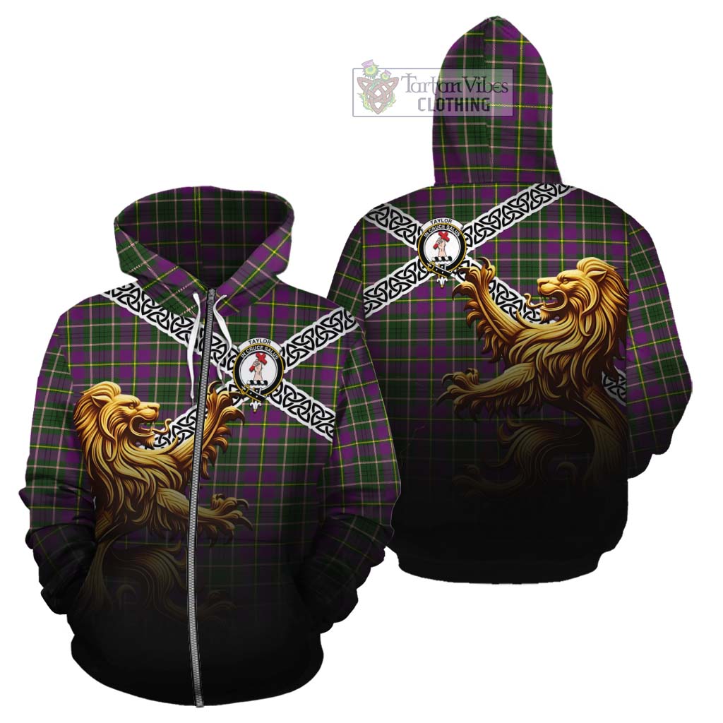 Tartan Vibes Clothing Taylor (Tailylour) Crest Tartan Cotton Hoodie with Golden Lion Emblem Celtic Style
