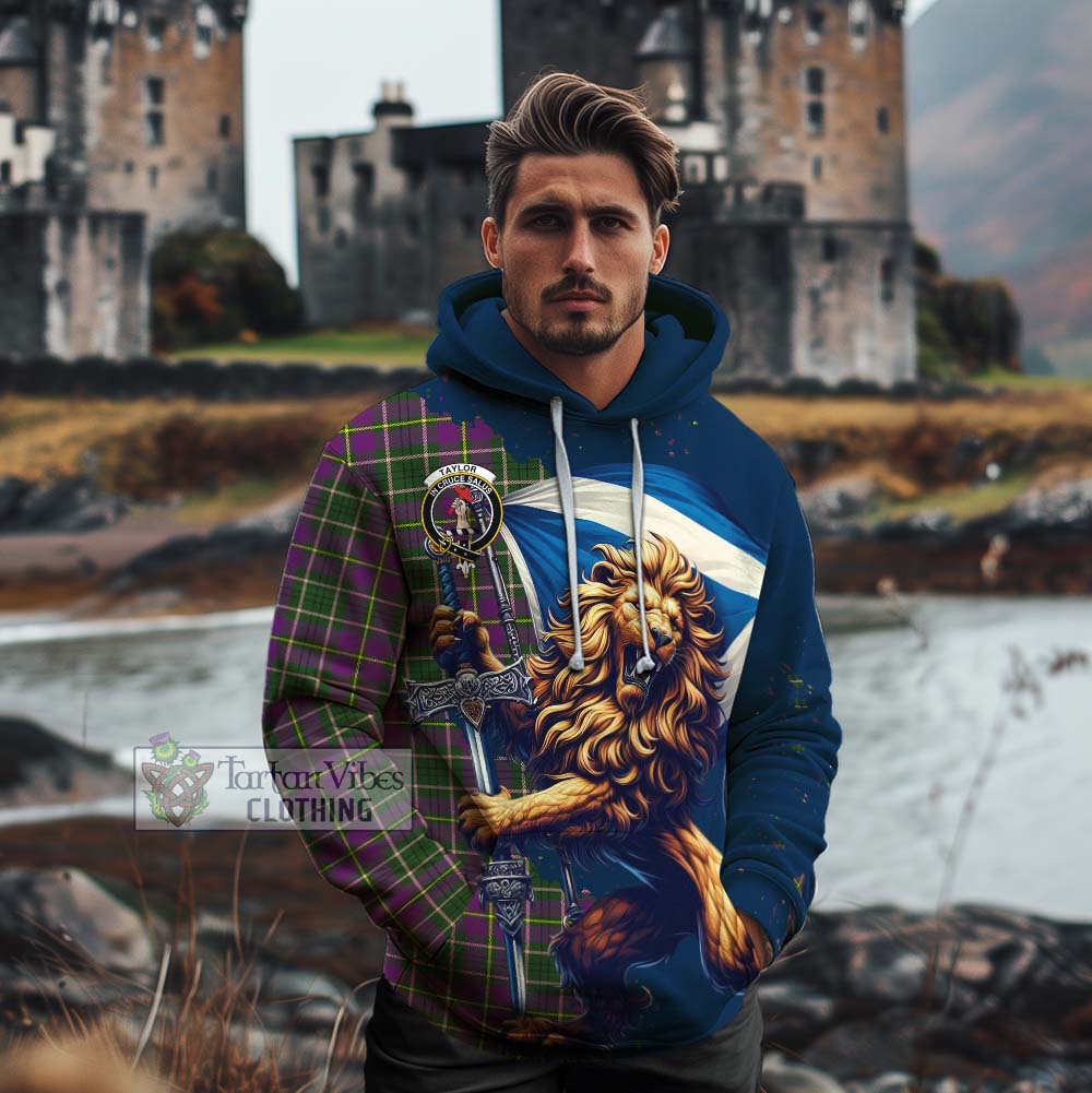 Tartan Vibes Clothing Taylor (Tailylour) Tartan Family Crest Cotton Hoodie with Scottish Majestic Lion