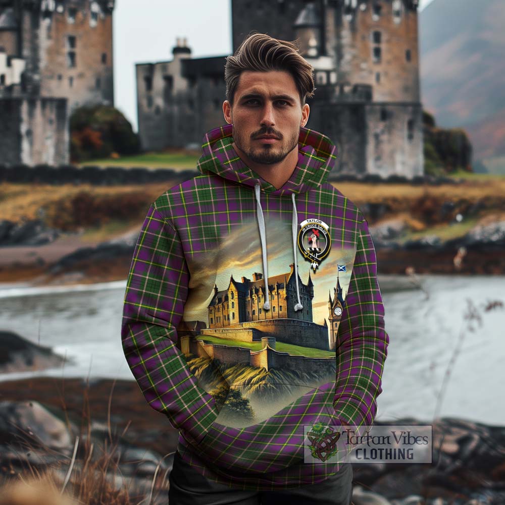 Tartan Vibes Clothing Taylor (Tailylour) Tartan Family Crest Cotton Hoodie with Scottish Ancient Castle Style