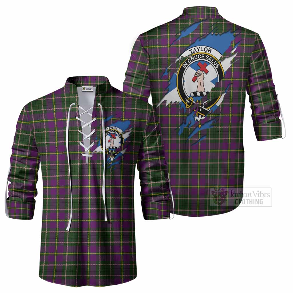 Taylor (Tailyour) Clan Crest In Me Tartan Ghillie Shirt Scotland Flag Style