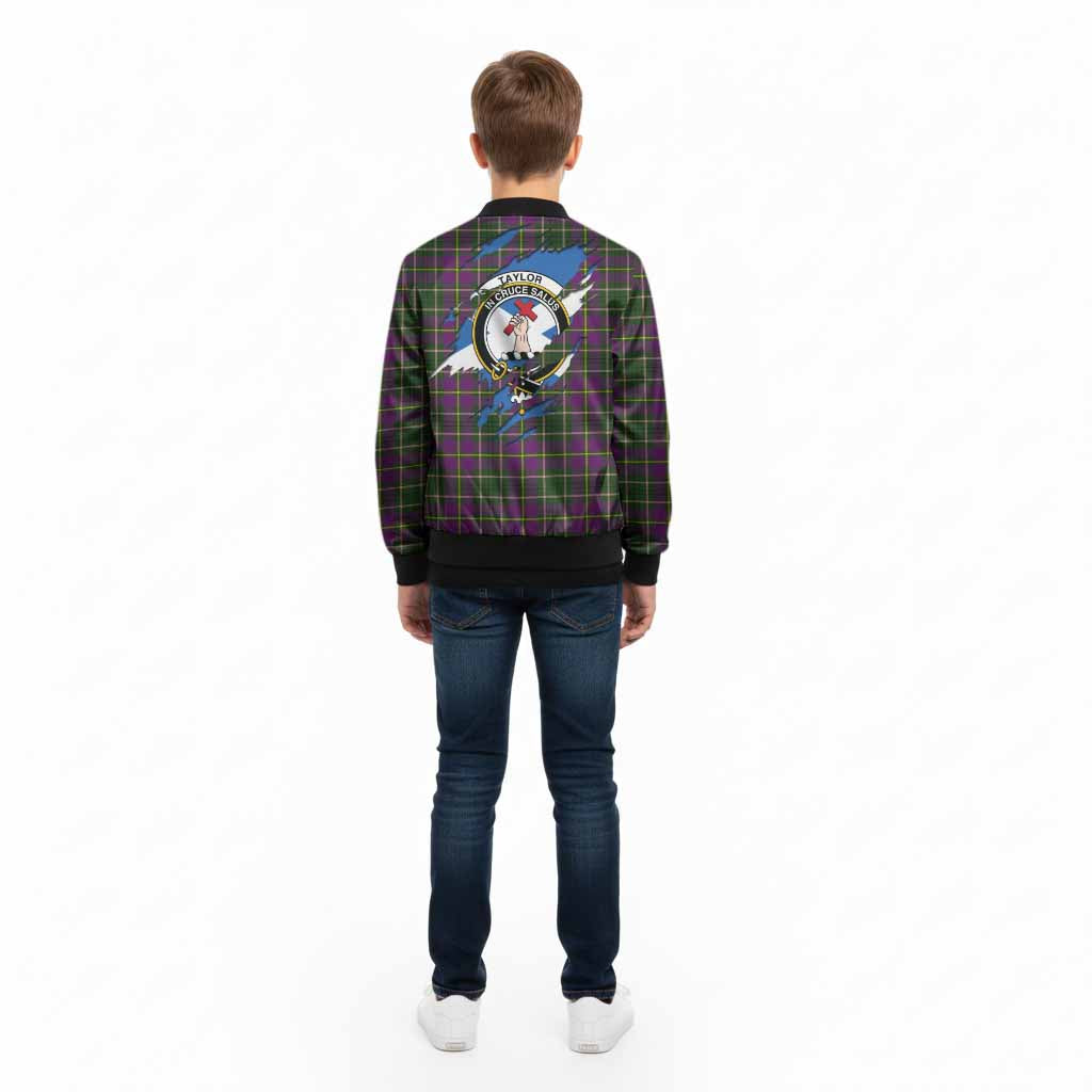 Taylor (Tailyour) Clan Crest In Me Tartan Kid Bomber Jacket Scotland Flag Style