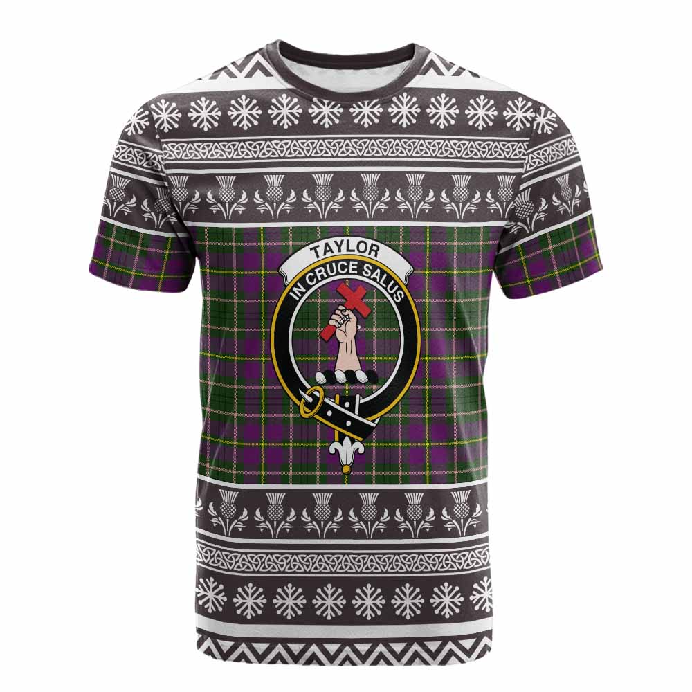 Taylor (Tailyour) Clan Tartan Christmas Cotton T-shirt with Family Crest - Tartan Vibes Clothing