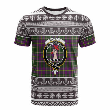 Taylor (Tailyour) Clan Tartan Christmas Cotton T-shirt with Family Crest