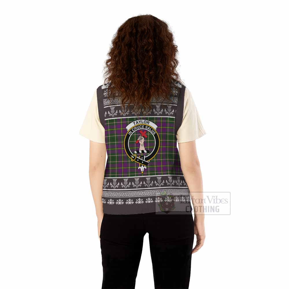 Taylor (Tailyour) Clan Tartan Christmas Knitted V-Neck Vest with Family Crest - Tartan Vibes Clothing