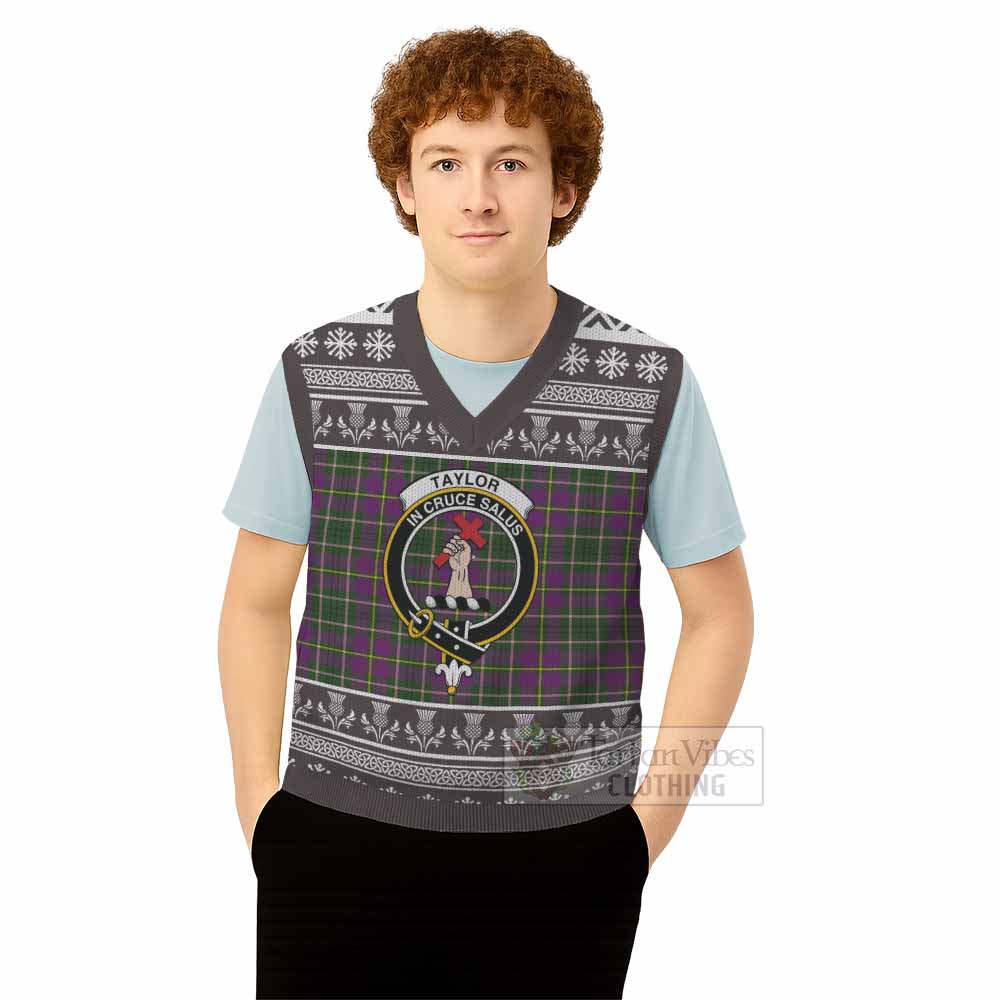 Taylor (Tailyour) Clan Tartan Christmas Knitted V-Neck Vest with Family Crest - Tartan Vibes Clothing