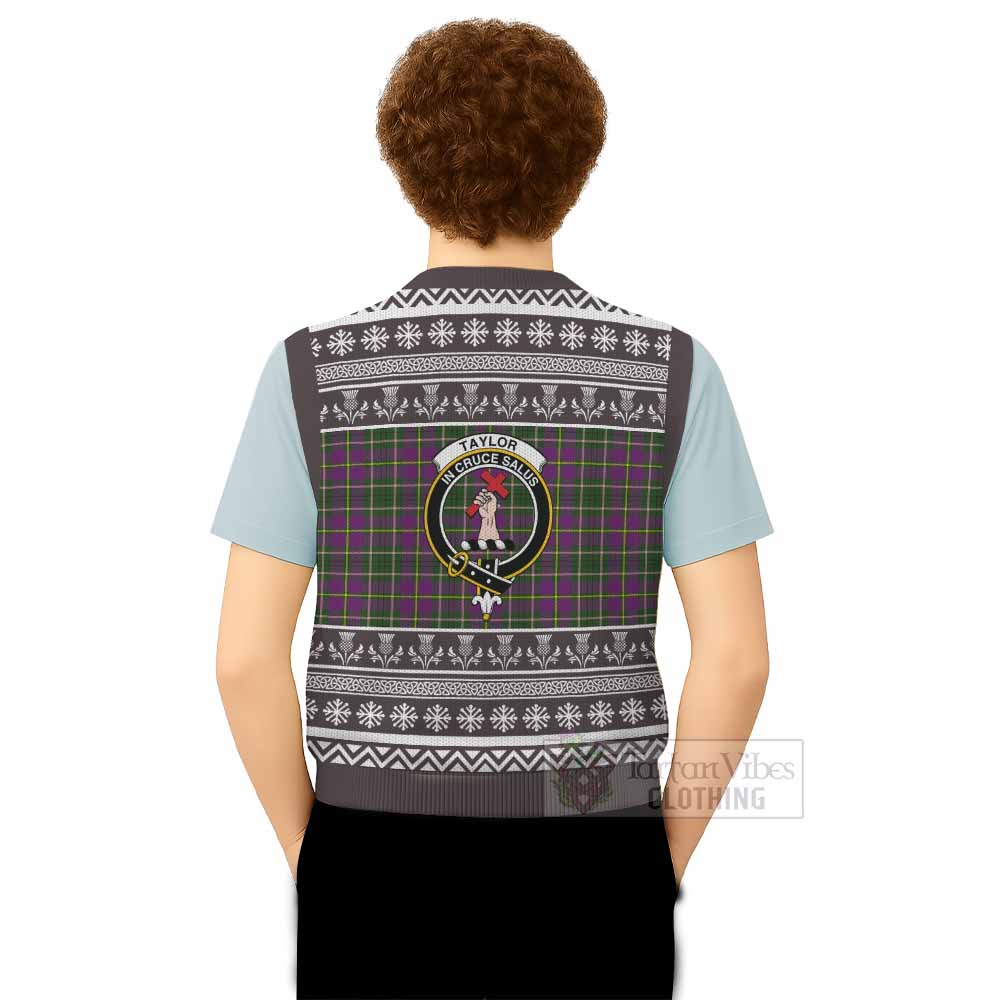 Taylor (Tailyour) Clan Tartan Christmas Knitted V-Neck Vest with Family Crest - Tartan Vibes Clothing