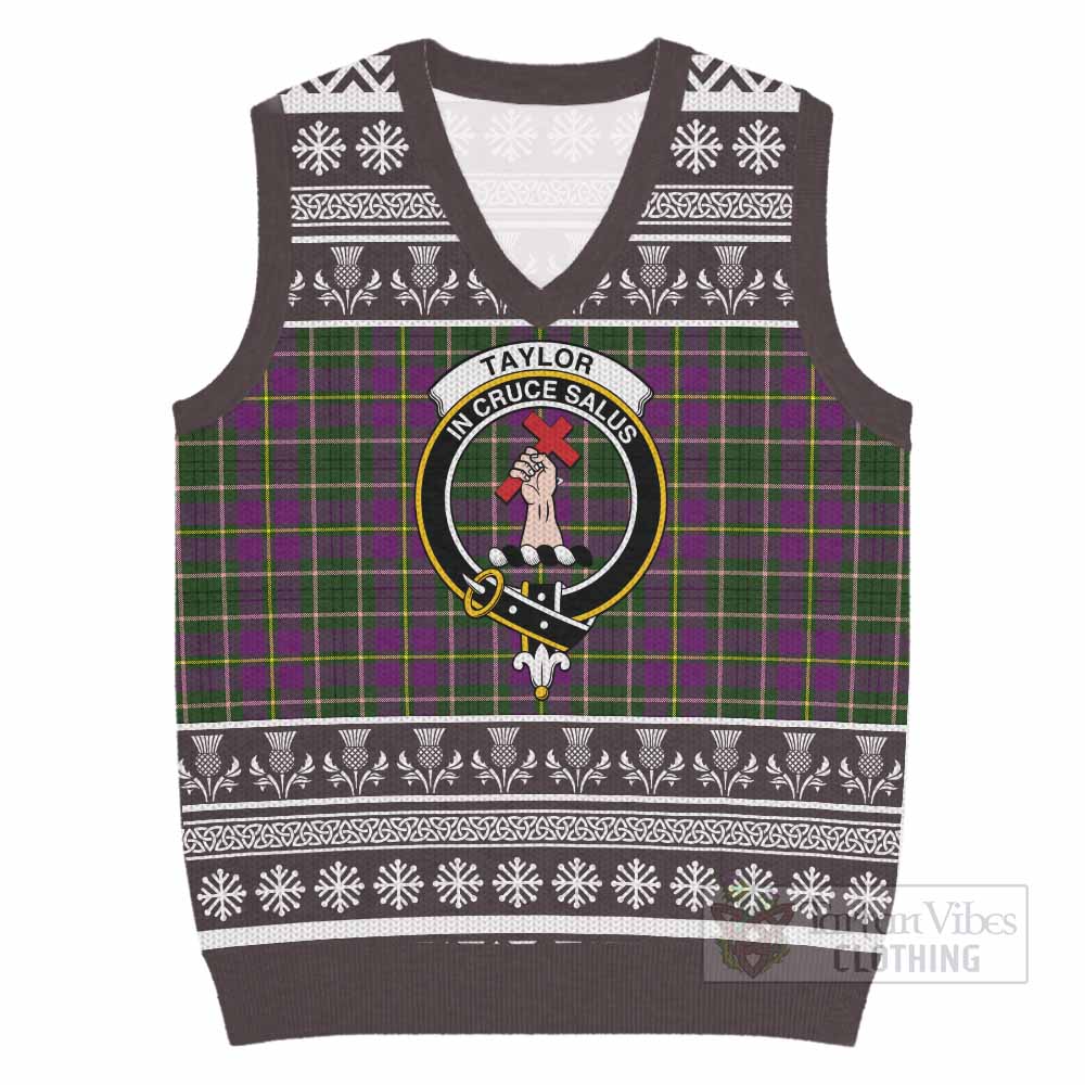 Taylor (Tailyour) Clan Tartan Christmas Knitted V-Neck Vest with Family Crest - Tartan Vibes Clothing