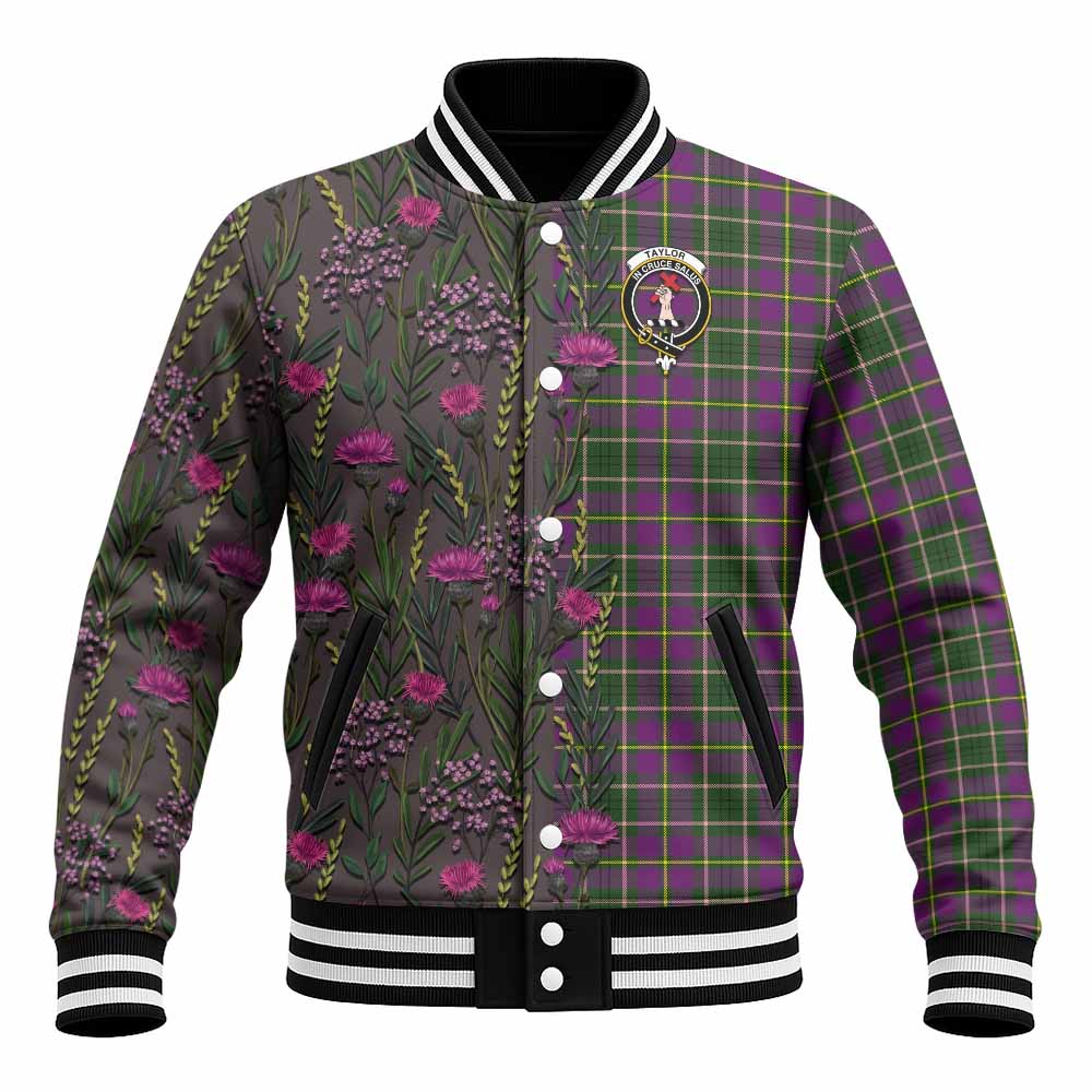 Taylor (Tailyour) Family Crest Tartan Baseball Jacket Scottish Thistle Flower Pattern Half Style - Tartan Vibes Clothing
