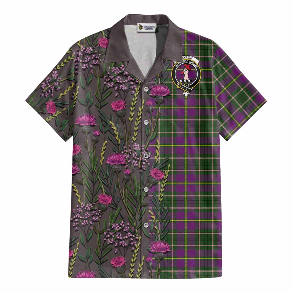 Taylor (Tailyour) Family Crest Tartan Cotton Hawaiian Shirt Scottish Thistle Flower Pattern Half Style - Tartan Vibes Clothing