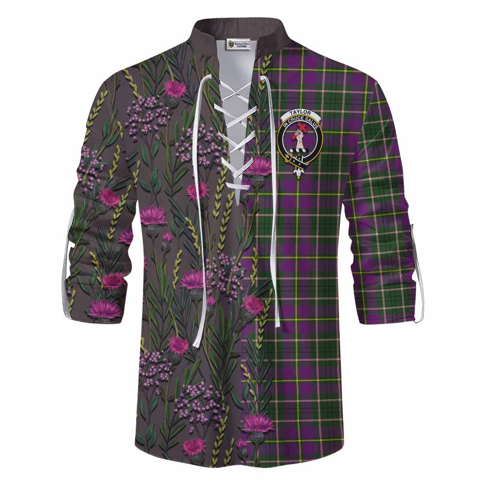 Taylor (Tailyour) Family Crest Tartan Ghillie Shirt Scottish Thistle Flower Pattern Half Style - Tartan Vibes Clothing