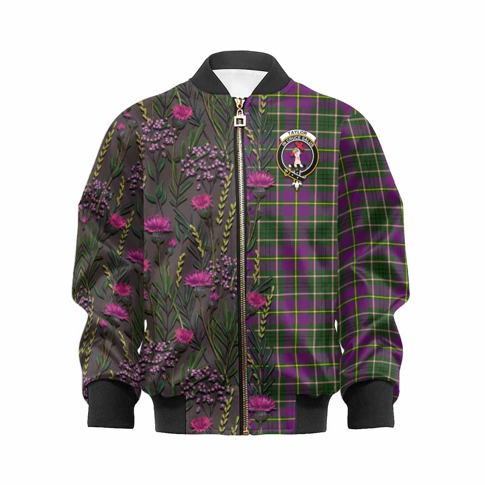 Taylor (Tailyour) Family Crest Tartan Kid Bomber Jacket Scottish Thistle Flower Pattern Half Style - Tartan Vibes Clothing