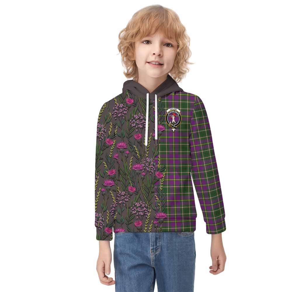 Taylor (Tailyour) Family Crest Tartan Kid Hoodie Scottish Thistle Flower Pattern Half Style - Tartan Vibes Clothing