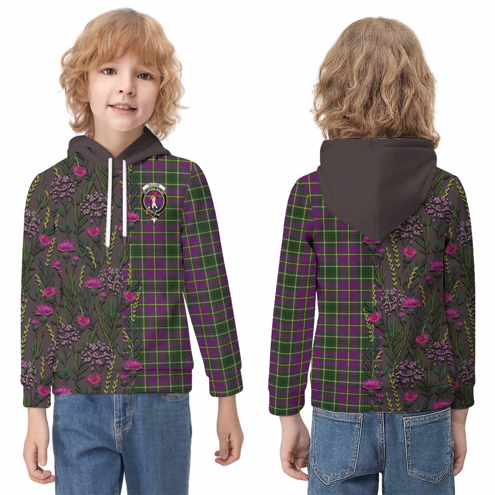Taylor (Tailyour) Family Crest Tartan Kid Hoodie Scottish Thistle Flower Pattern Half Style - Tartan Vibes Clothing