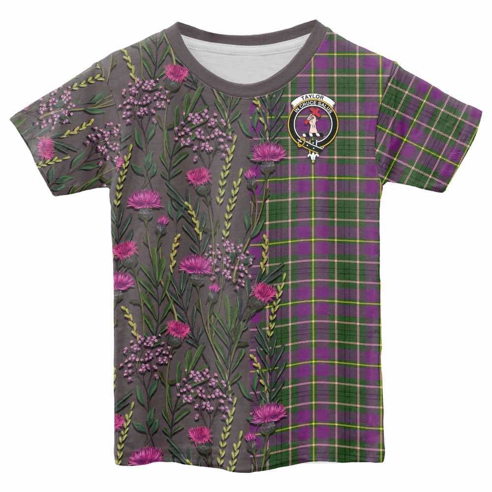 Taylor (Tailyour) Family Crest Tartan Kid T-shirt Scottish Thistle Flower Pattern Half Style - Tartan Vibes Clothing