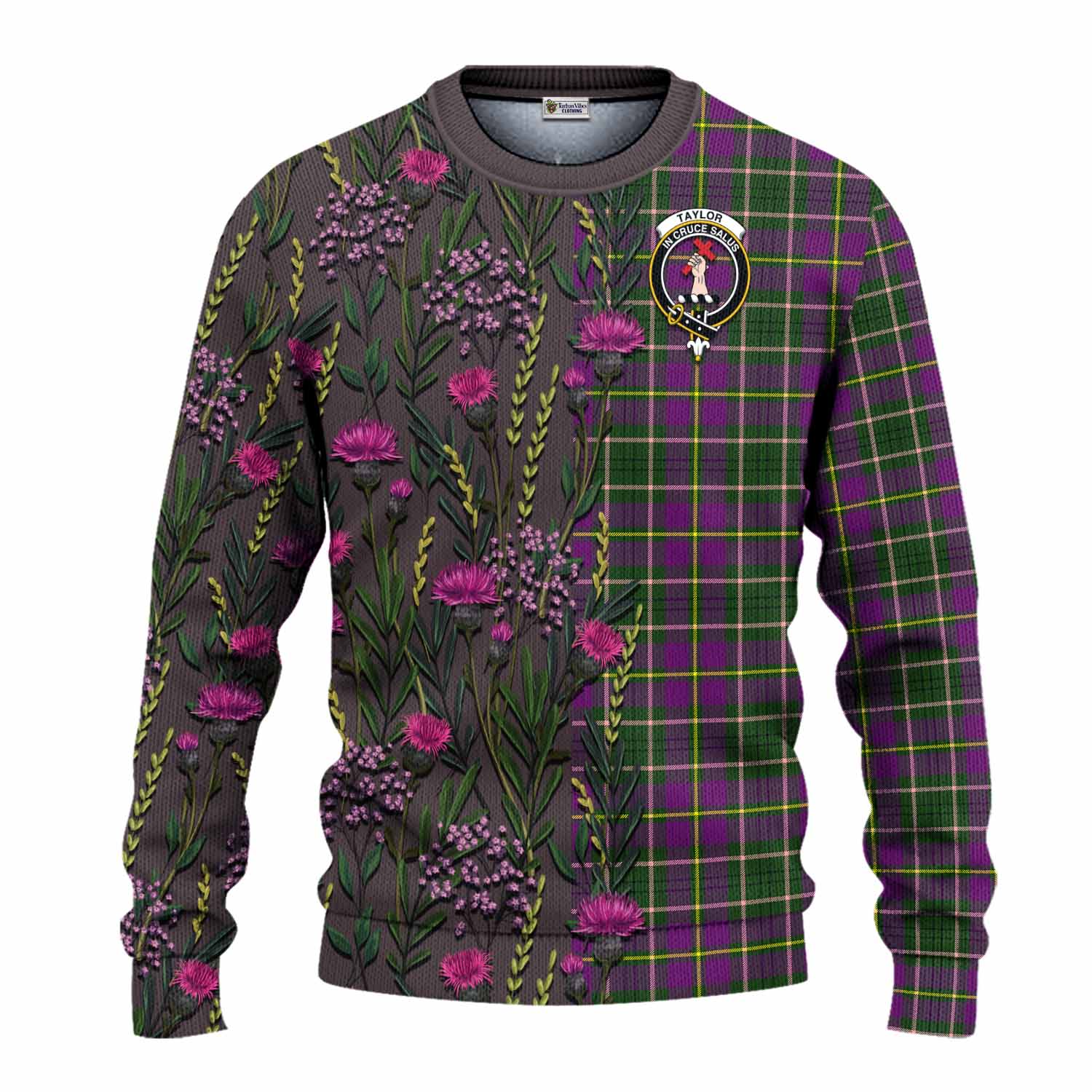 Taylor (Tailyour) Family Crest Tartan Knitted Sweater Scottish Thistle Flower Pattern Half Style - Tartan Vibes Clothing