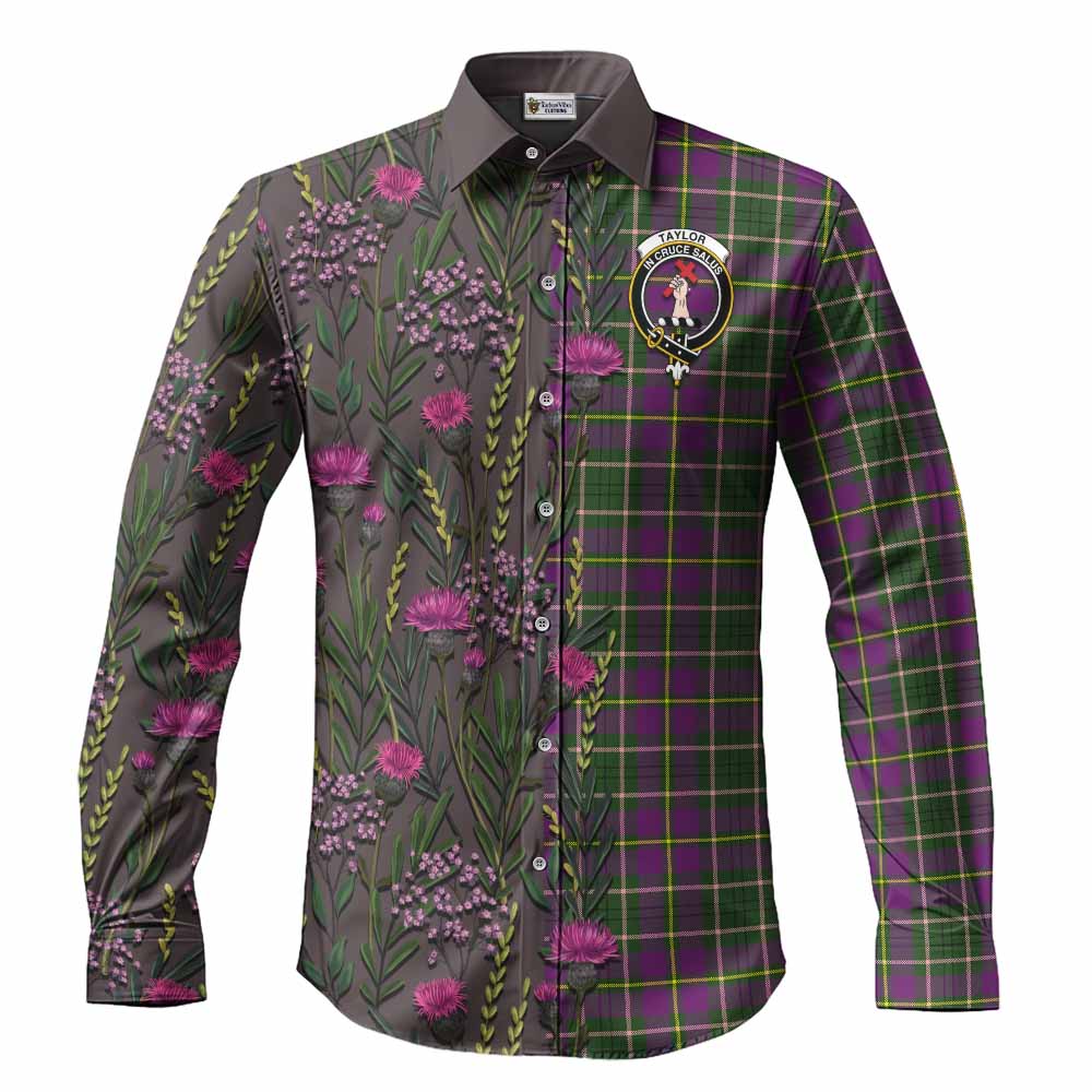 Taylor (Tailyour) Family Crest Tartan Long Sleeve Button Shirts Scottish Thistle Flower Pattern Half Style - Tartan Vibes Clothing