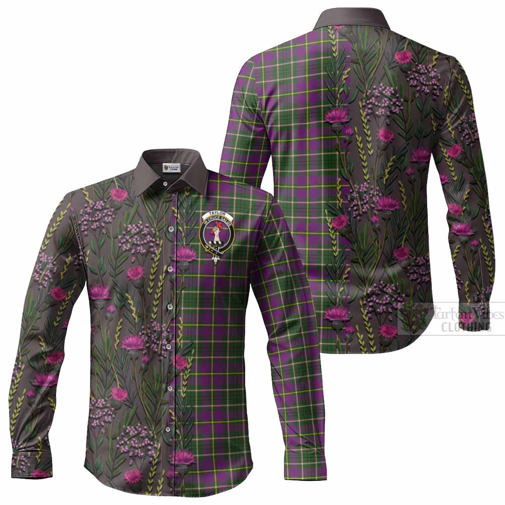 Taylor (Tailyour) Family Crest Tartan Long Sleeve Button Shirts Scottish Thistle Flower Pattern Half Style - Tartan Vibes Clothing