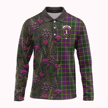 Taylor (Tailyour) Family Crest Tartan Long Sleeve Polo Shirt Scottish Thistle Flower Pattern Half Style