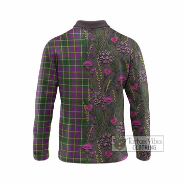 Taylor (Tailyour) Family Crest Tartan Long Sleeve Polo Shirt Scottish Thistle Flower Pattern Half Style